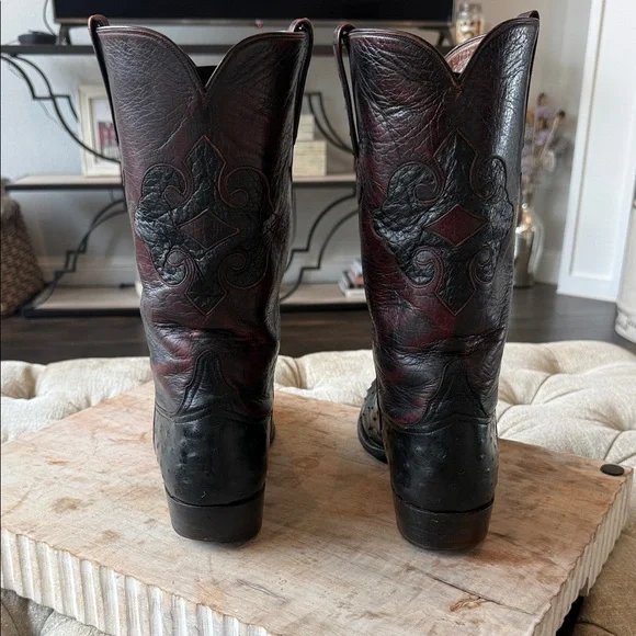 Lucchese Men’s 11.5 Handmade Black Cherry Full Quill Ostrich Cowboy Boots - Picture 5 of 7